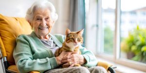 Two seniors sit together, talking and smiling, with personal mementos around them in a well-lit living space.