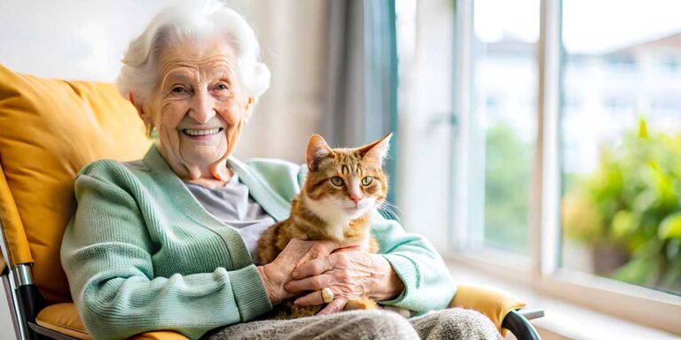 Two seniors sit together, talking and smiling, with personal mementos around them in a well-lit living space.